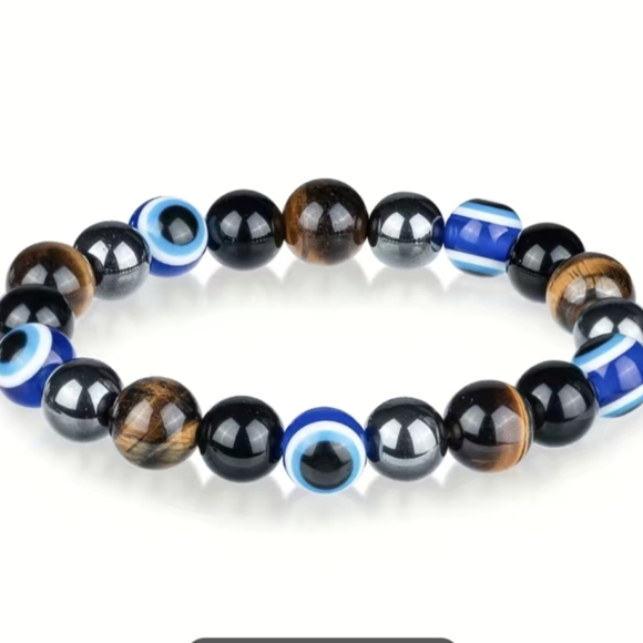 Hematite UNISEX Tiger Eye Evil Eye Stone Combination Triple Protection Bracelet - Picture 8 of 8